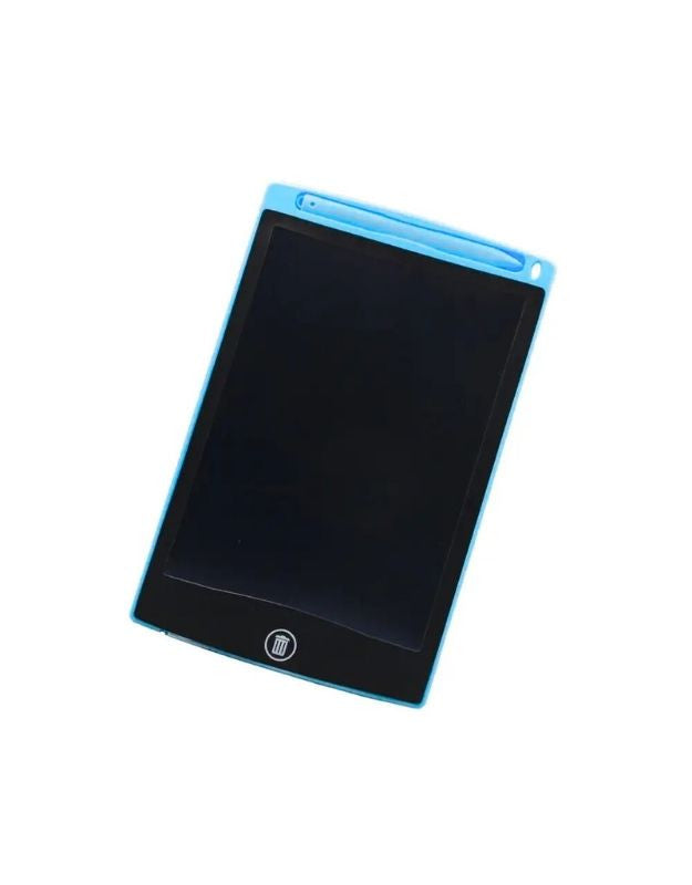 A child is drawing on a portable drawing board graphic tablet with a colorful pen, accompanied by an adult.